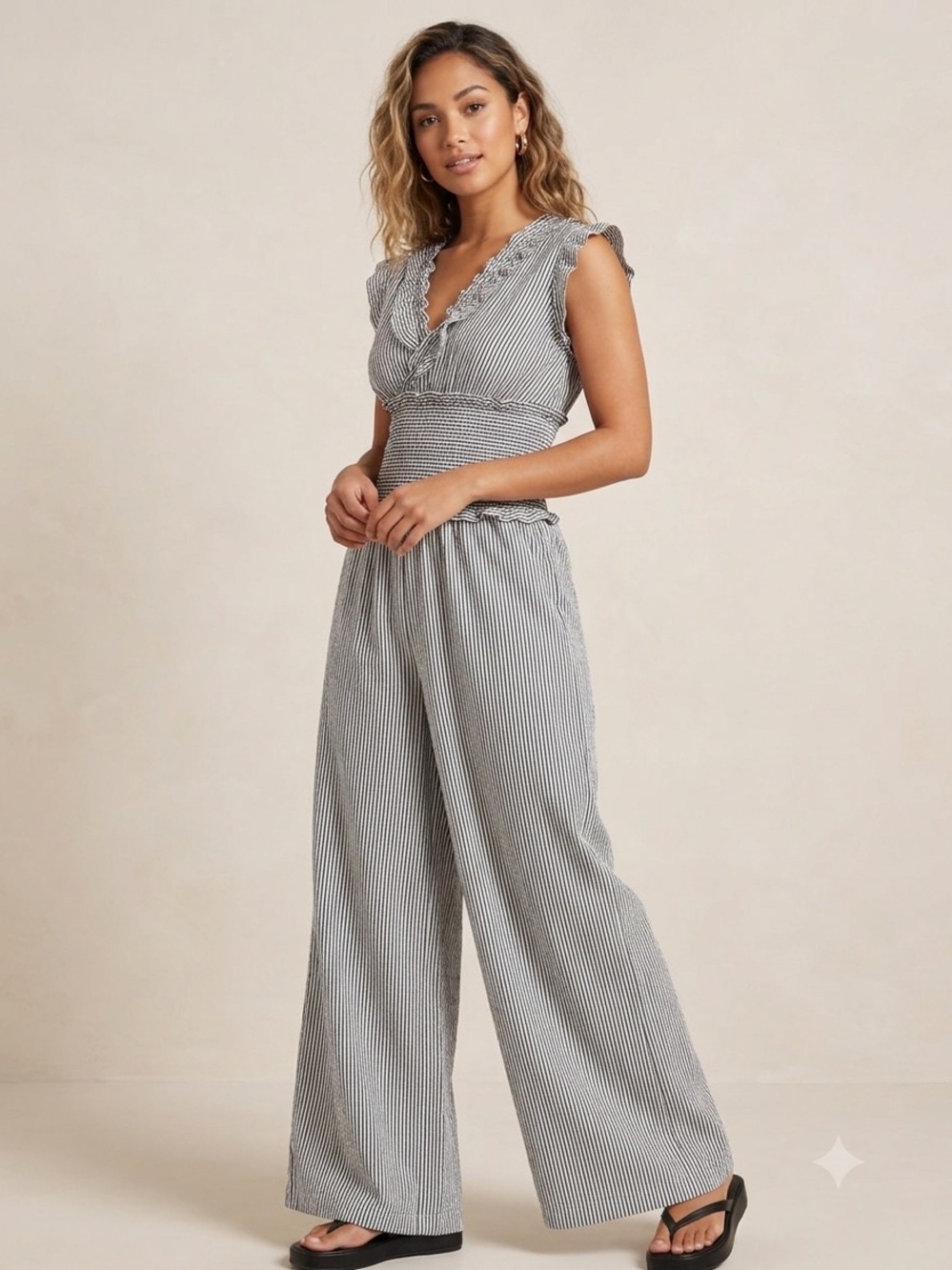 Max Studio Black & White Striped Smocked-Waist Jumpsuit